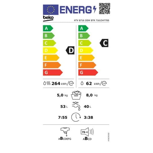 Lavadora secadora BEKO 8/5 Kg HTV 8716 DSW BTR (8-5/1400/D)