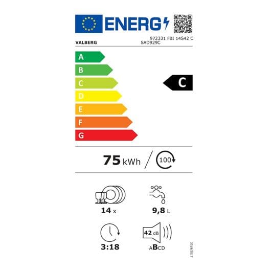 Lavavajillas 60 cm integrable apertura automática VALBERG FBI 14S42 C SAD929C/2 (14SER/10L/42DB/C)