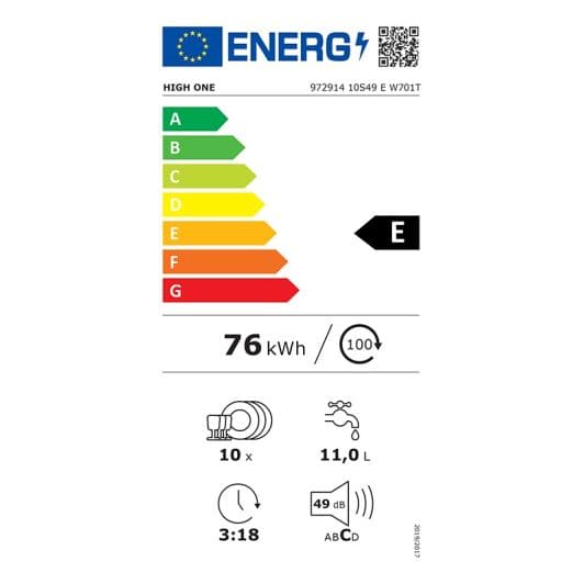 Lavavajillas 45 cm HIGH ONE 10S49 E W701T (10SER/11L/49DB/E)