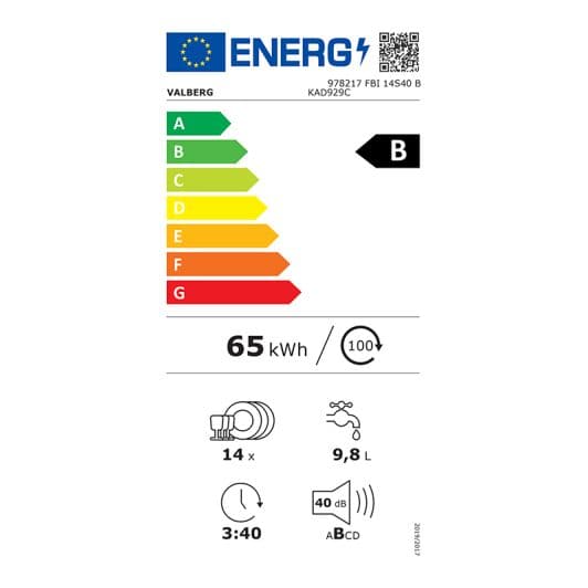 Lavavajillas 60 cm integrable apertura automática VALBERG FBI 14S40 B KAD929C- CLA (14SER/9,8L/40DB/B)