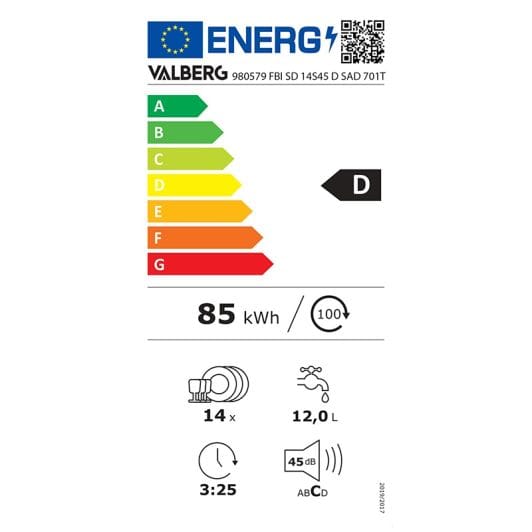 Lavavajillas 60 cm integrable con puerta deslizante y apertura automática VALBERG (14SER/12L/45DB/D)