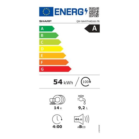 Lavavajillas 60cm SHARP QW-NA4YF44EAW (14SER/9,2L/44dB/A)