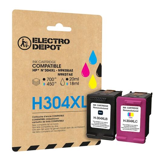 Cartucho de tinta ELECTRO DEPOT compatible con HP H304 pack XL negro y colores