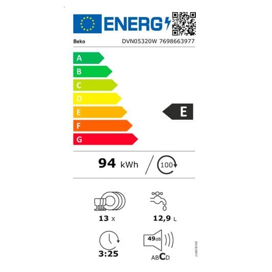 Lavavajillas 60 cm BEKO DVN05320W (13SER/12,9L/49DB/E)